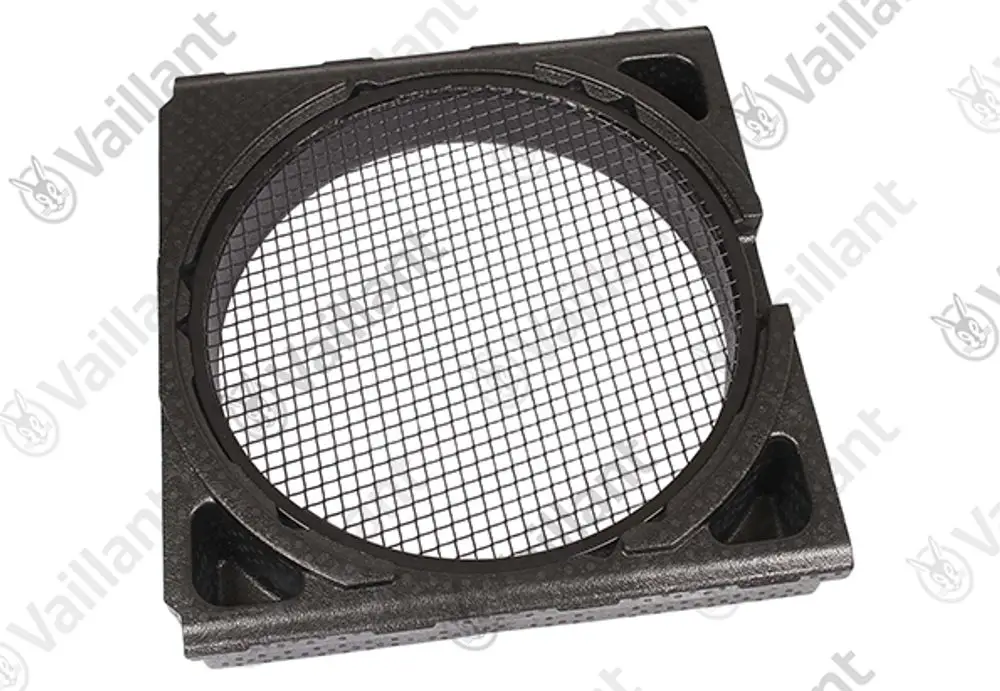 Vaillant-Luftgitter mit Metallnetz in quadratischer Form, geeignet für spezifische Heizsysteme. Kunststoffrahmen in dunkler Farbe.